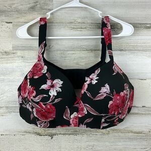 Cacique Women’s Plus 44DD Black Red Floral T-Shirt Bra No Wire Lightly Lined NEW